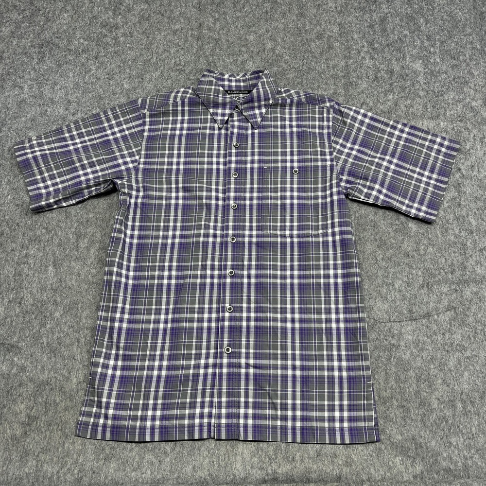 Game Guard Shirt Mens Small Purple Plaid Short Sleeve Vented Fishing Snap 1719